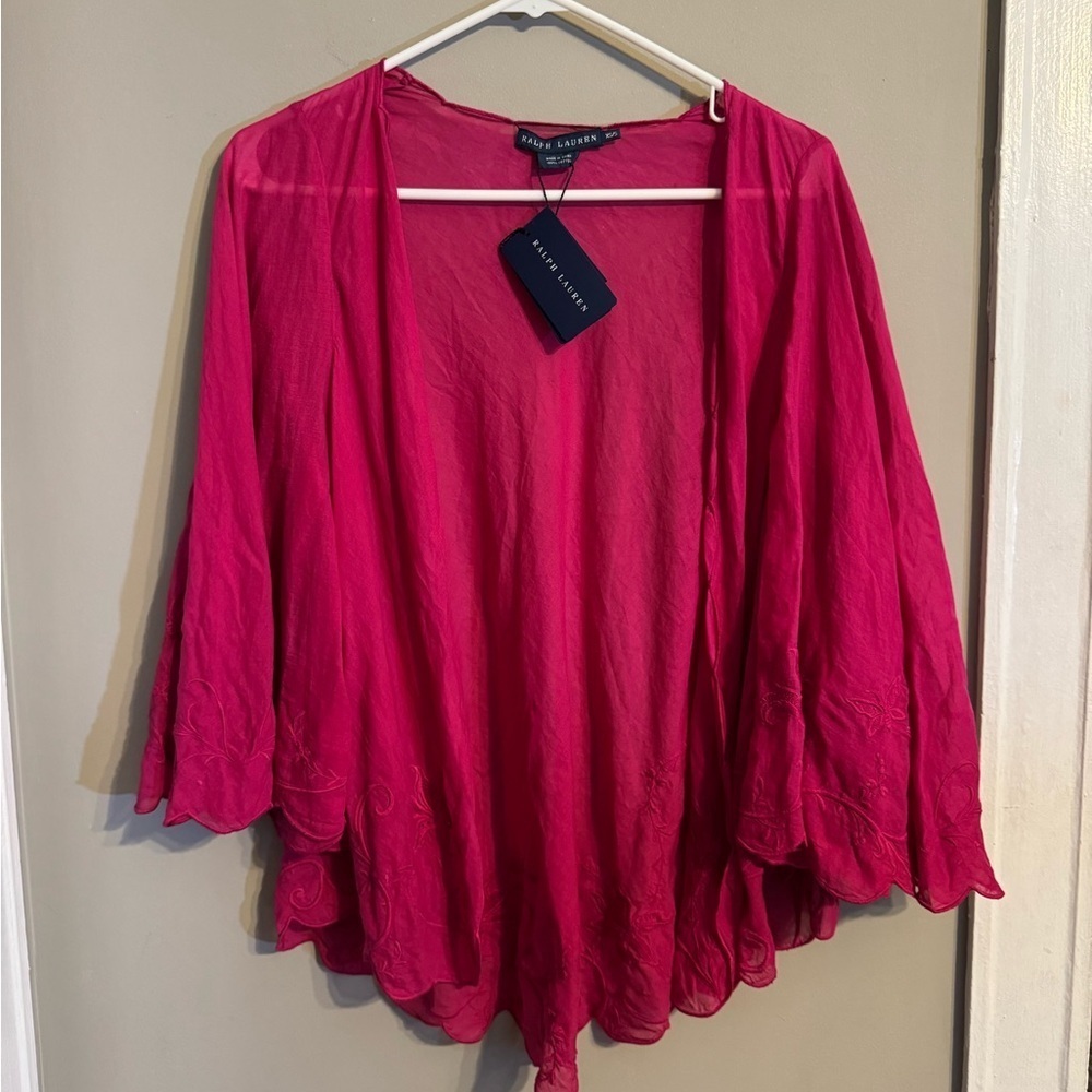 NWT Ralph Lauren Fuchsia Lightweight Open Draped Embroidered Cardigan Sweater